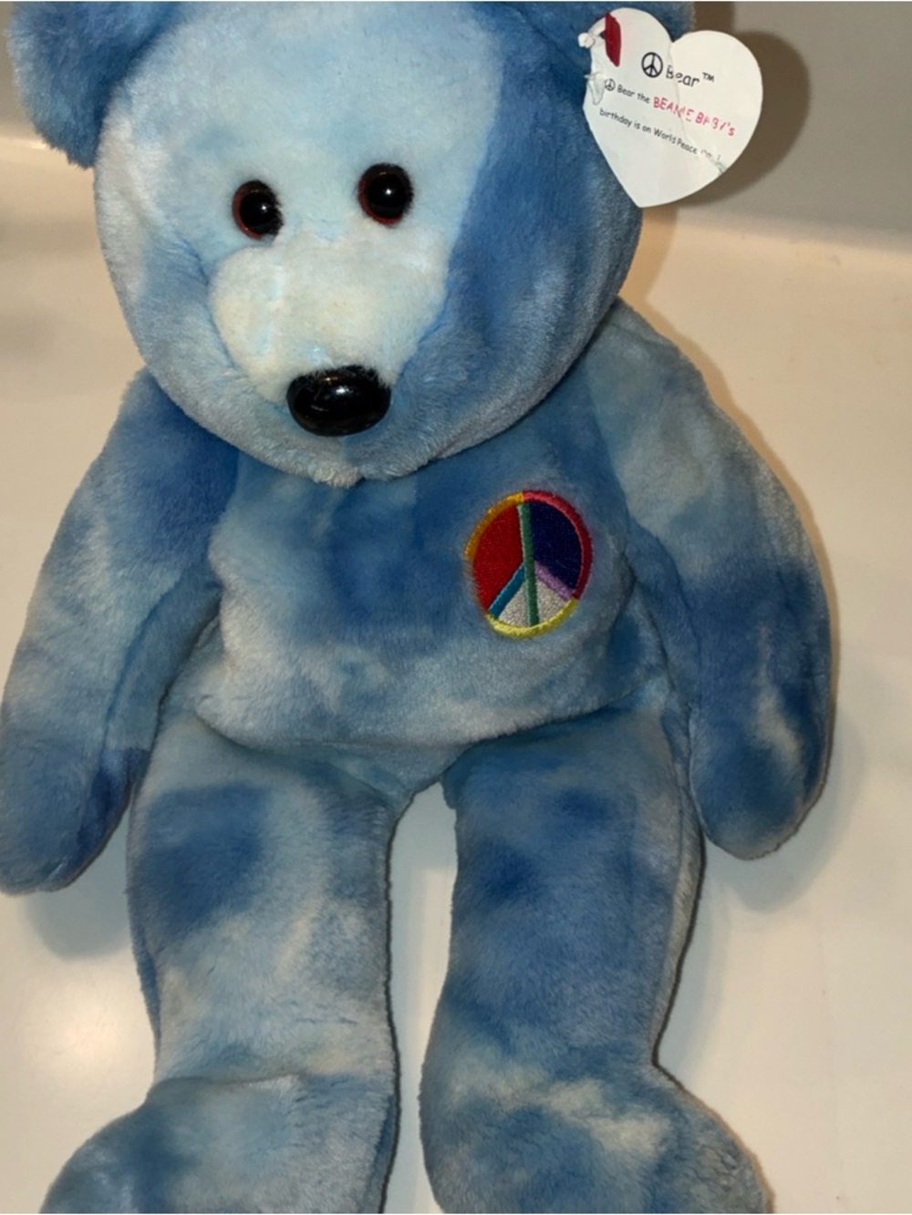 Ty Beanie Buddies 2003 14"
 Blue Tie-Dye Peace Bear Plush with Rainbow Emblem